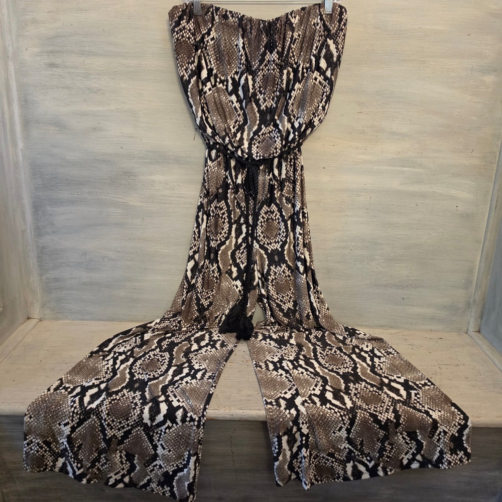 Sandiva Faux Snakeskin Strapless Tie Waist Wide Leg Jumpsuit Size XL GC